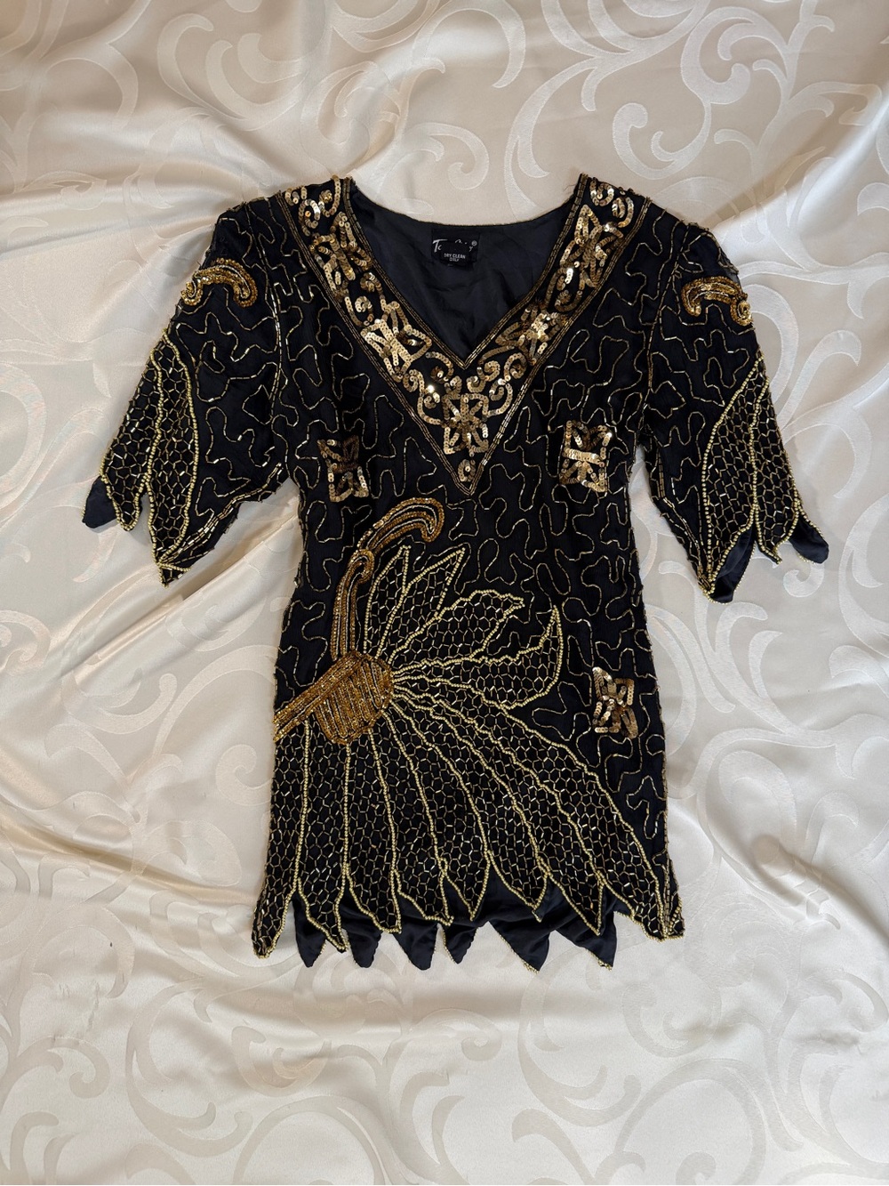 Silk Black & Gold V-Neck Embellished Women's Blouse
